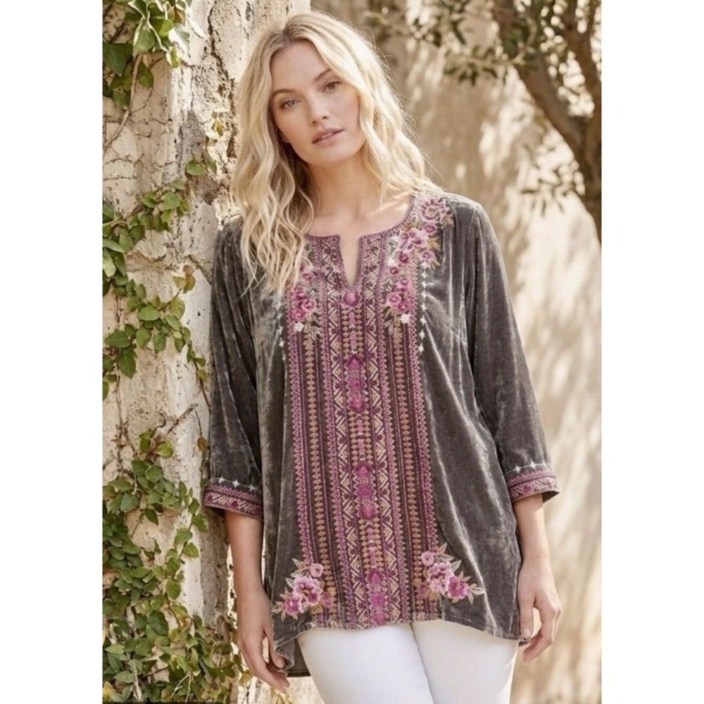 Johnny Was Grey Velvet Peasant Blouse Embroidered Tunic Top Bohemian Women's 2X